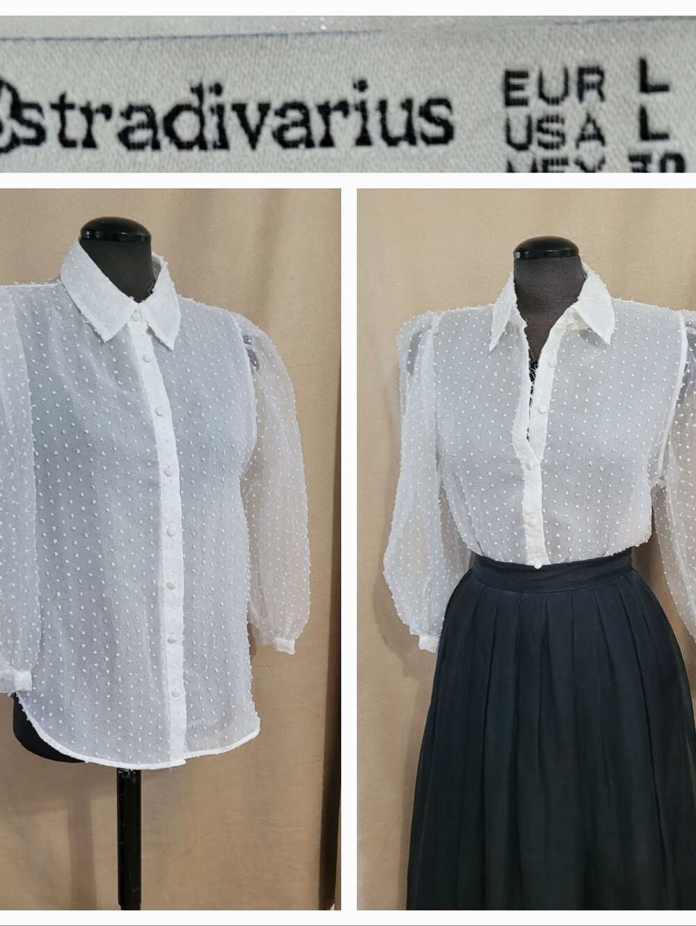 Stradivarius White Sheer Swiss Dot Button-Up Blouse